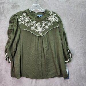 Democracy Tunic Womens‎ Plus 1X Olive Green Embroidered Blouse Top Long Sleeve